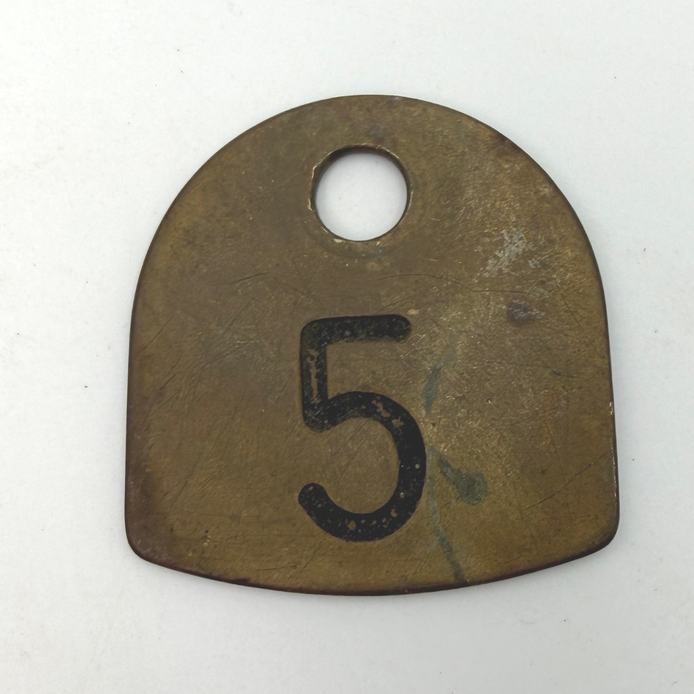Vintage OM Franklin Serum Co Brass Livestock Ear Tag Number 5 Antique Cattle ID